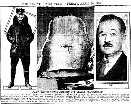 Toronto Daily Star article reporting that official recognition of Roy Brown shooting down the Red Baron